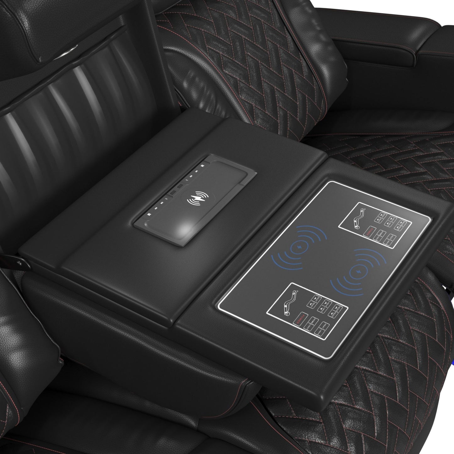 Prime Time - P3 Sofa With I Table, Reading Light, Heat, Massage, LED, And Speaker - Jett Black With Red Stitching
