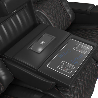 Prime Time - P3 Sofa With I Table, Reading Light, Heat, Massage, LED, And Speaker - Jett Black With Red Stitching