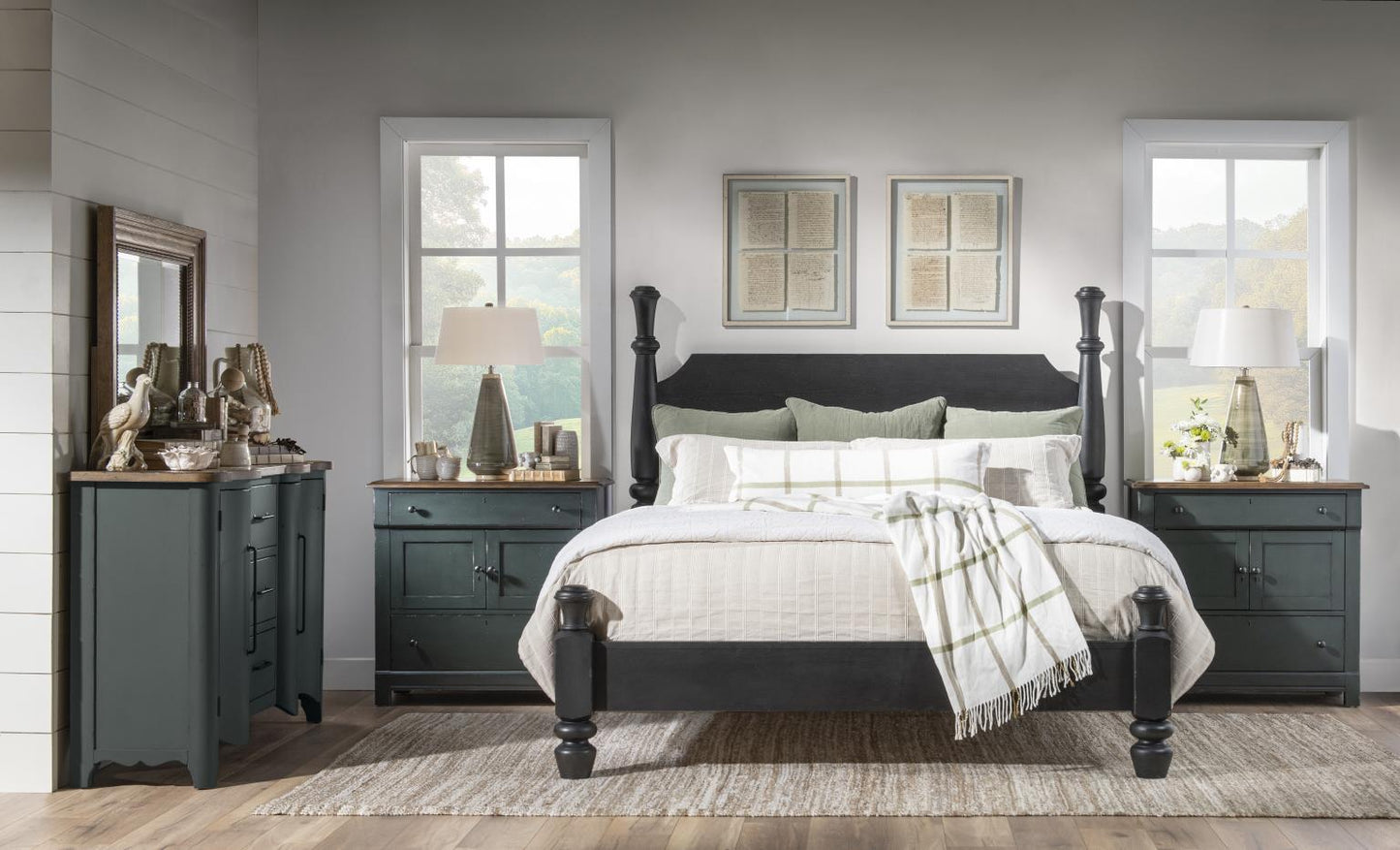 Vintage Market - Washstand Accent Chest 2 Drawers - Barnwood Oak And Mallard Green