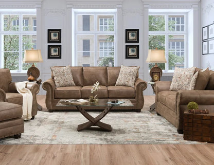 Brown sofa set in a living room with wooden coffee table and decorative items.