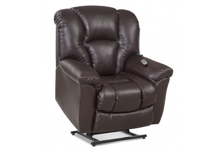 A brown motor lift chair with a padded chaise and over-stuffed arms, featuring a remote control on the right armrest.