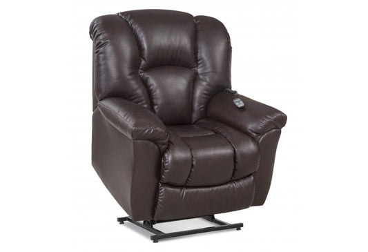 A brown motor lift chair with a padded chaise and over-stuffed arms, featuring a remote control on the right armrest.