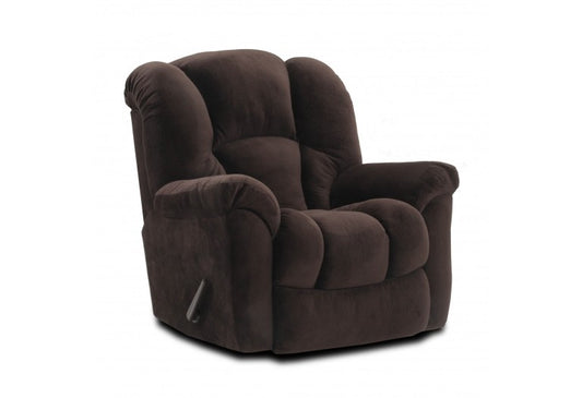 A brown Burrow rocker recliner with a large backrest and over-stuffed arms.