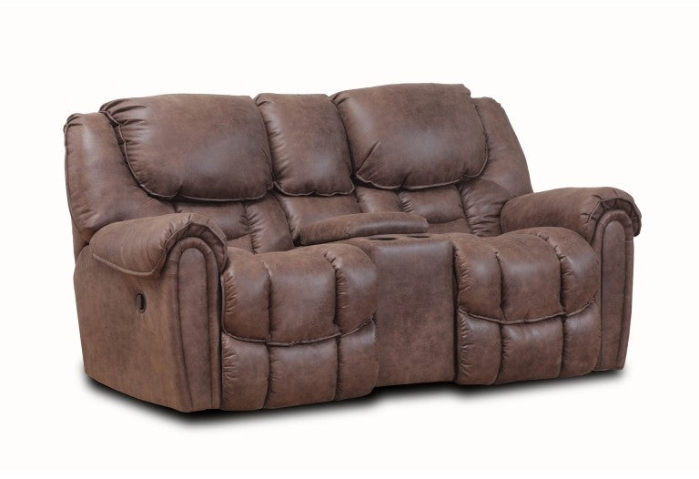 Hickok rocking console loveseat with scoop seats, faux leather fabric, plush leg support, and cupholders.