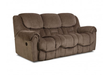Double reclining sofa with plush chaise leg support, scoop seats, tear drop arms, and durable polyester.