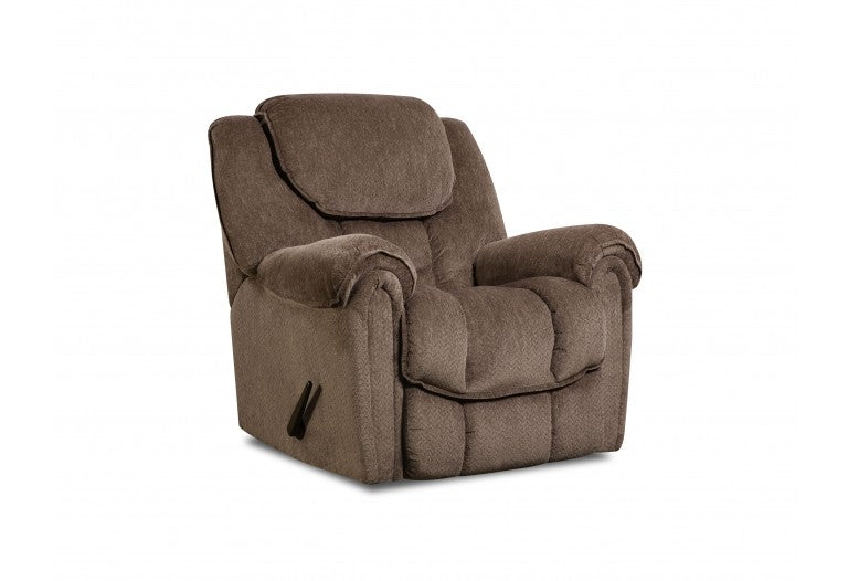 Brown Rocker recliner with a reclining lever on the side