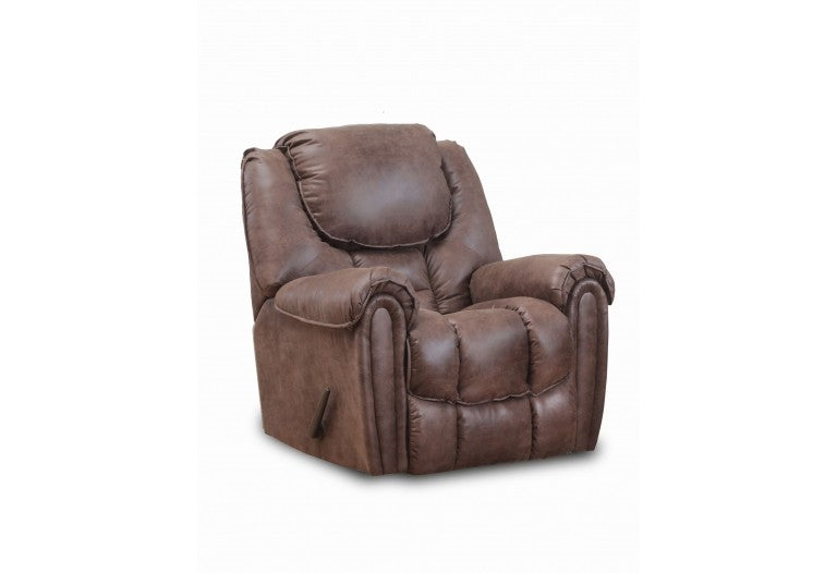 Hickok rocker recliner with scoop seat, flat welt accents, faux leather fabric, and plush leg support.