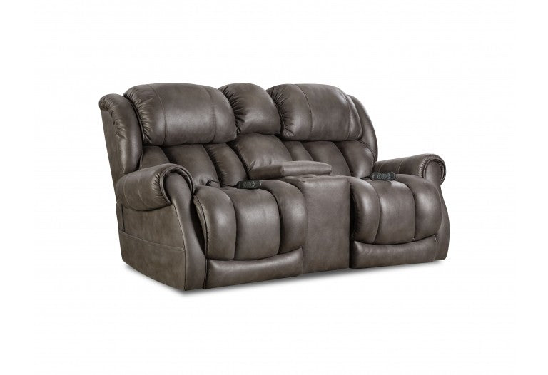 Power reclining loveseat with console, plush chaise seating, adjustable headrest, lumbar support.