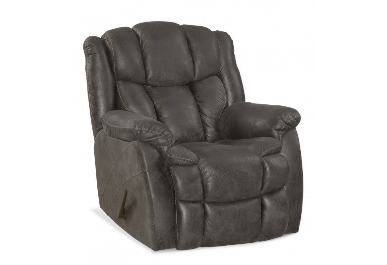 gray rocker recliner with a lever on the side.