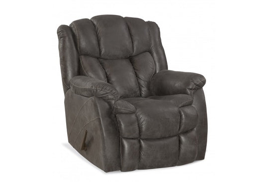 gray rocker recliner with a lever on the side.