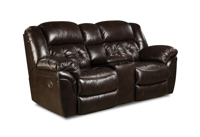 chocolate brown loveseat recliner with the control on the side, and a console in between the tow seats. 