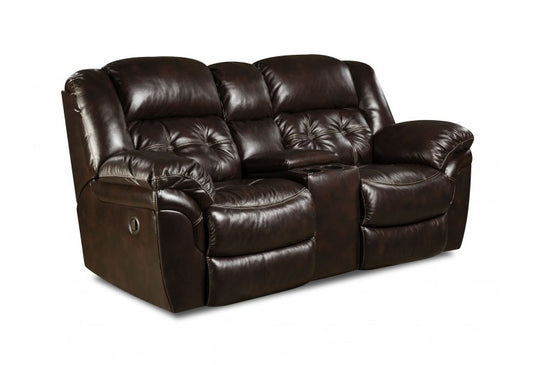 chocolate brown loveseat recliner with the control on the side, and a console in between the tow seats. 