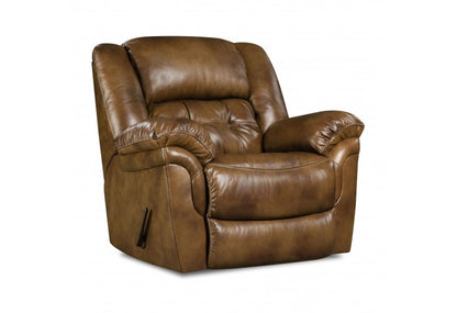 a brown rocker recliner with a lever on the right hand side
