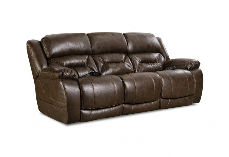 Brown reclining sofa with a remote control fastened to each arm. 