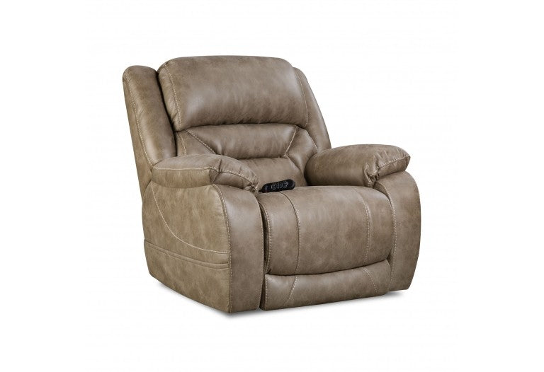 A brown leather recliner chair with a high backrest and armrests, featuring a remote control on the armrest.