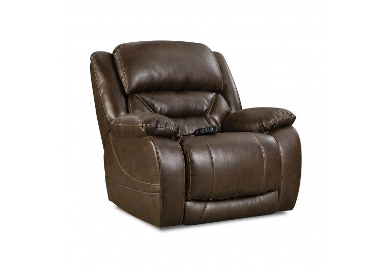 brown rocker recliner with a remote fastened on the right arm.