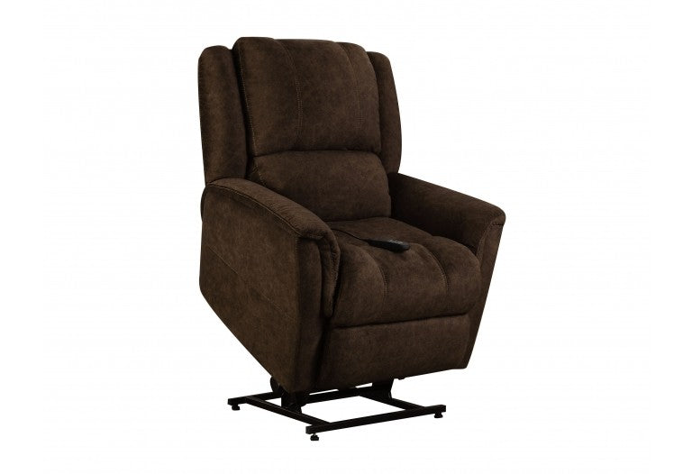 brown lift chair featuring a remote control on the right arm