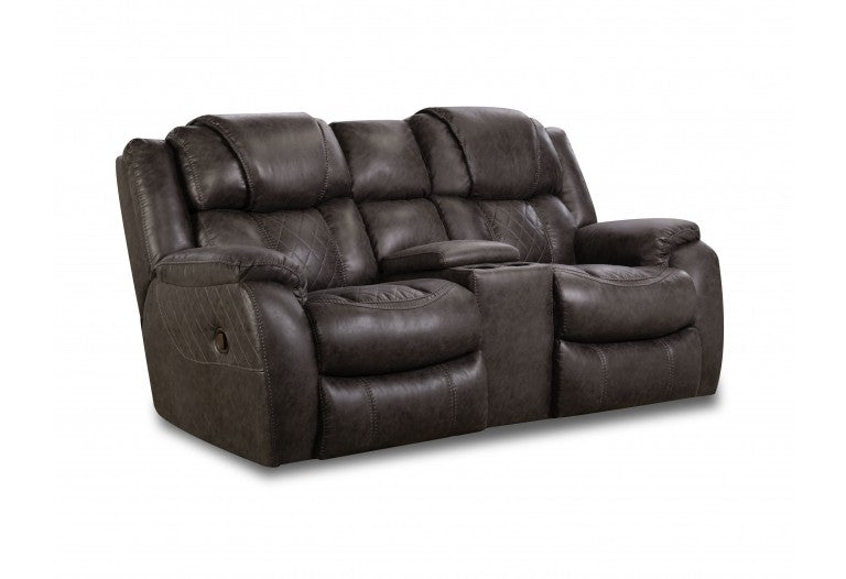 Sundance reclining console loveseat with quilted cushions, plush leg support, and center cupholder storage.
