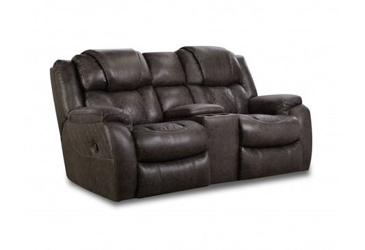 Sundance reclining console loveseat with quilted cushions, plush leg support, and center cupholder storage.